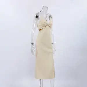 Custom Summer Casual Sleeveless V Neck Spaghetti Slip Halter Backless Maxi Hollow Cut Out Empire Waist Cotton Linen Long Dresses