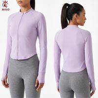 Veste de yoga personnalisée pour femme avec fermeture éclair intégrale, ourlet incurvé, col montant, haut de sport de course à manches longues, tenue de sport ajustée, grandes tailles