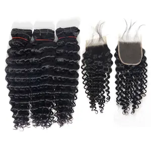 7A 1PC 12 inch 3x5 Lace Top Closure With 4 Bundles Deep Wave Brazilian Virgin Hair Weft 12,14,16,18 inches Total 5Pcs Lot