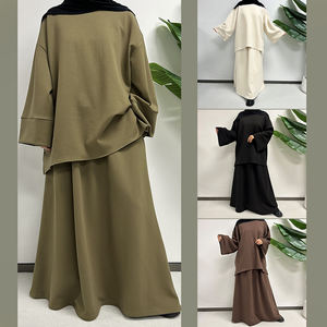 Nieuwe Katoenen Winter Cord Set Vrouwen Moslim Bescheiden Rok Manchet Knopen Elastische Taille String Zakken Gebreid 2 Delige Abaya Set - Product Image 2