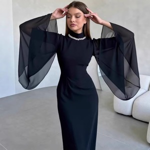 Nuovo Abito Lungo Estivo 2026 all'Ingrosso con Perle e Rete, Stile Francese Chic ed Elegante, Nero a Vita Alta con Maniche Svasate, per Feste - Product Image 5
