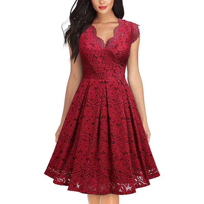 Kısa kollu kırmızı çiçek bayan parti elbiseler kadınlar için