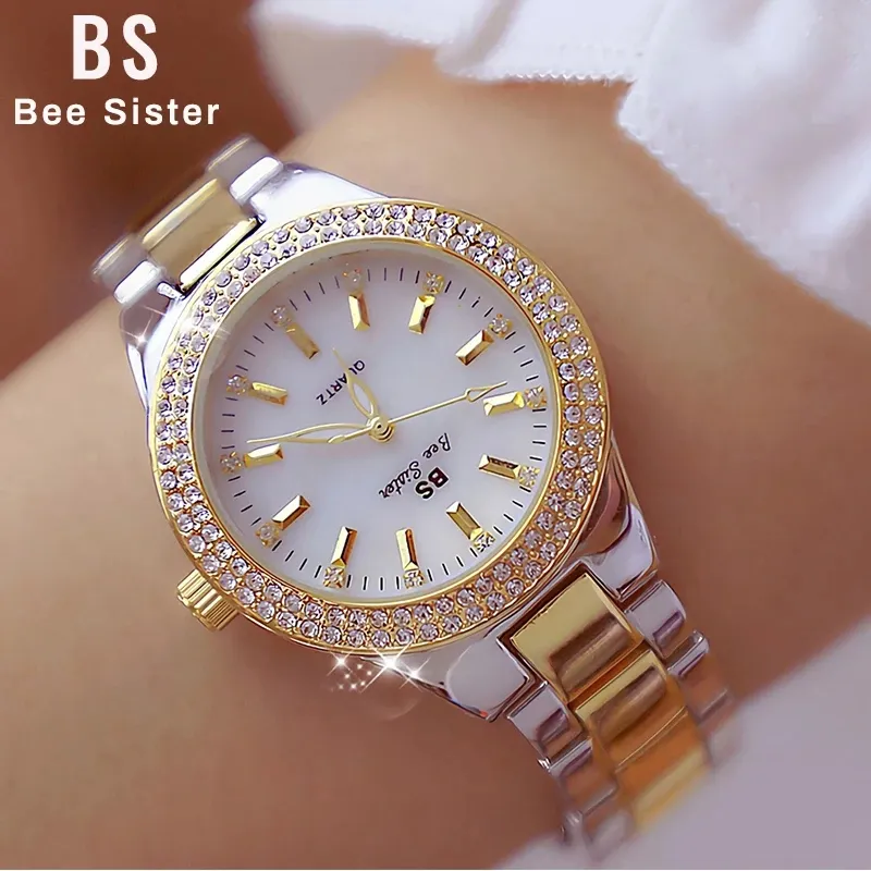 Fashion Stainless Steel Silver Gold Hour Clock Female Ladies Watch Crystal Diamond Wristwatch for decoration