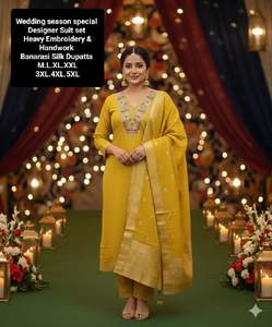 Nouvel ensemble de costume de fête jaune droit avec broderie traditionnelle Jari faite à la main sur le col, qualité boutique de créateurs, prix de gros - Product Image 5