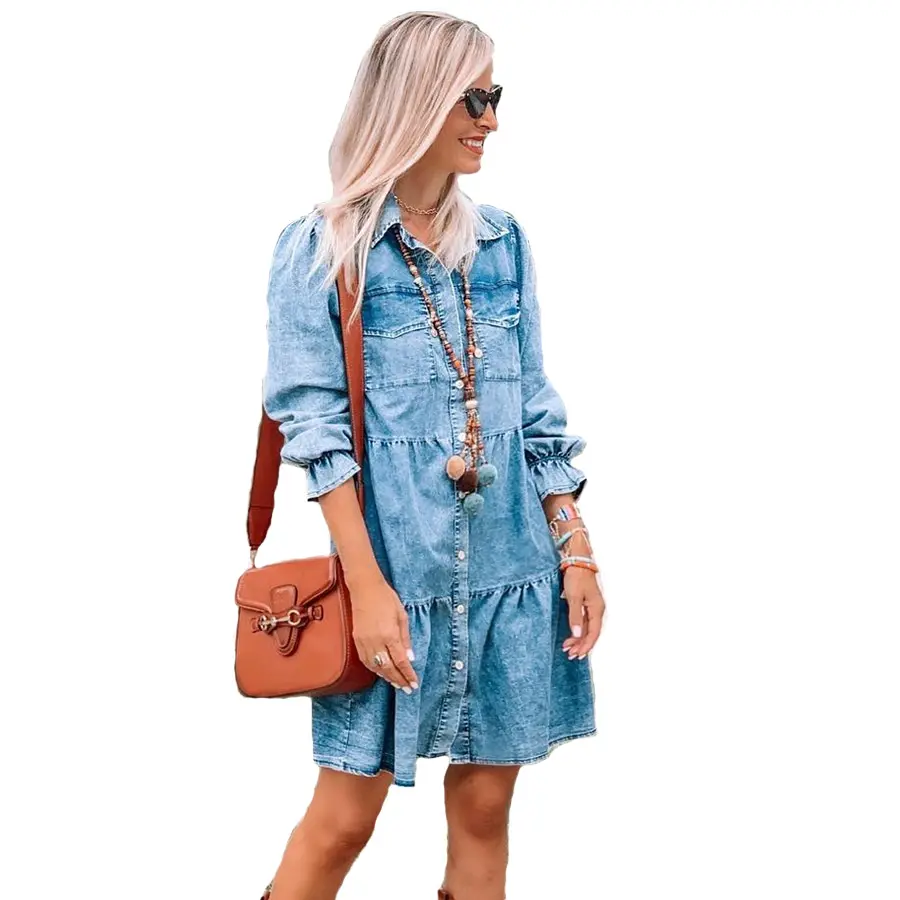 Long lantern sleeves front open with buttons vintage wash color turn down collar China supply denim jean shirt dresses women