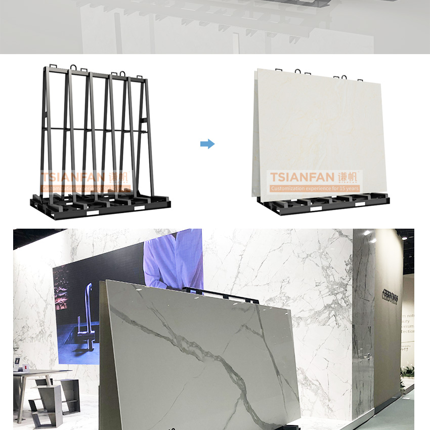 Factory direct large metal quartz showroom system glass Slabs marble granite sample shelf slab rock stone display stand