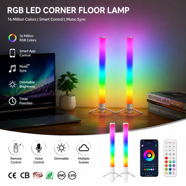 RGBIC Ambient LED Light Bar Floor Lamp with Music Sync App/WiFi/USB Control DIY Color Changing for Gaming PC Backlight