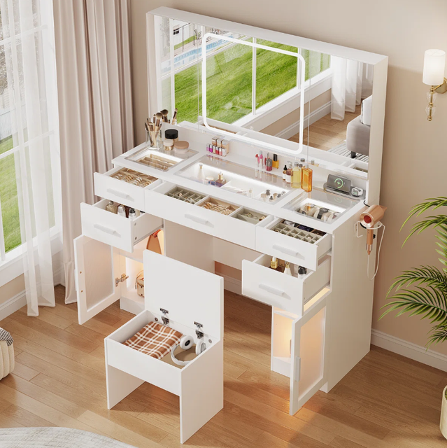 Makeup Vanity Desk with 3 Color LED Mirror with 2 Lighted Cabinets Vanity with Glass Top Make-Up Vanity with Charging Station