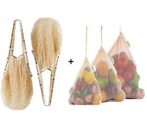Sac d'épicerie réutilisable en maille de coton écologique produit un sac à cordon avec une longue poignée - Product Image 1