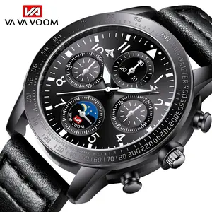 VA VA VOOM VA-209 Men Fashion Casual Leather Quartz Wrist Watches Luxury Elegance Waterproof Moon Phase Men Quartz Wrist