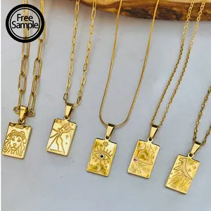 Manufacturer Customize Fashion Jewelry Carved Tarot Stainless Steel Gold Plated Pendant Necklace For Women Men