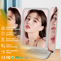 Miroir de maquillage pliable grand format à vente chaude, miroir de maquillage de bureau à LED 3 modes, miroir de maquillage avec chargeur de type C, amplificateur