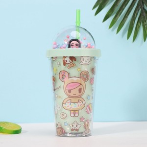 450ml Sweet Donut Candy Cartoon Pattern <b>Plastic</b> Tumbler Double Wall Design with <b>Straw</b> Pastel Pom Pom Dome Lid Mini Tokidoki - Product Image 2