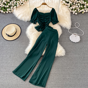 Completo Casual da donna pantaloni larghi a vita alta Set due pezzi <span class=keywords><strong>con</strong></span> collo quadrato camicia corta Slim Fit - Product Image 5