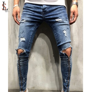 Jeans déchirés pour hommes en denim bleu délavé, coupe skinny, fermeture éclair, 97% coton, 3% élasthanne, fabrication OEM en Chine - Product Image 1