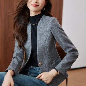 Women's Wool Blazer Khaki Slim Fit Solid Color Pocket Autumn Winter Top - Product Image 2