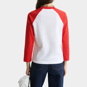 Camiseta de <span class=keywords><strong>Manga</strong></span> Tres Cuartos Raglán de Marca Propia, Cuerpo Blanco con Mangas Rojas, Ligera, Transpirable, de Algodón, para <span class=keywords><strong>Mujer</strong></span> - Product Image 2