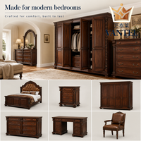 Ensemble de meubles de chambre classique pour villa : lit en bois sur mesure, armoire, coiffeuse et chaise pour projets de villas de luxe