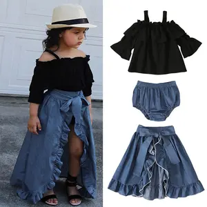 Комплект из 3 предметов, летний модный комплект одежды для новорожденных девочек, черный топ с открытыми плечами + джинсовые шорты + юбка с бантом и оборками