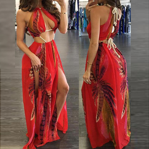Della signora di stampa <span class=keywords><strong>Rosso</strong></span> Floreale Cut-Out Halter Maxi <span class=keywords><strong>Abito</strong></span> In Chiffon di Alta Fessura Vestito Da Estate di Vacanza tie chiusura dettaglio banchetto di notte vestito - Product Image 3