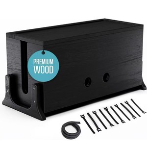 Organizador de Cables de Escritorio de Madera, Caja de Gestión de Cables de Madera Maciza con Ganchos para Uso en Oficina - Product Image 1