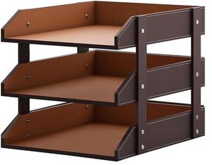 Organisateur de bureau en cuir marron à 3 niveaux, porte-documents, plateau à papier, organiseur de dossiers, support de rangement de bureau - Product Image 1