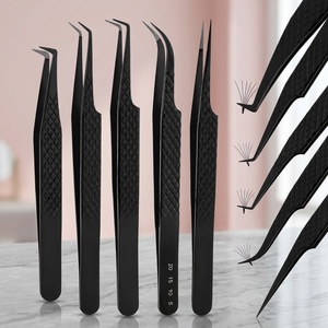 Lot de 5 pinces à cils noires en acier inoxydable, à pointe incurvée et droite de précision, pour extensions de cils, volume et isolation, outils de beauté - Product Image 3
