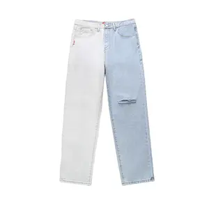 Custom LOGO High Quality Design Sense Yin And Yang Color Jeans Enzyme Water Wash Rotten Hole Tassel Unisex Slim Fit Denim Pants