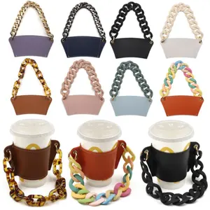 Amber Chain Strap Cup Sleeve Glasses Cover Handmade Coffee Cup Holder Portable Leather Paper Cup Sleeve