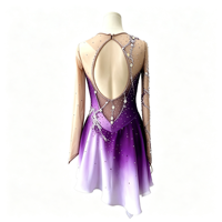 Robe de patinage et de danse pour enfants et adultes, dégradé violet et blanc, manches longues en maille, dos découpé avec strass, pour compétition et spectacle de patinage sur glace