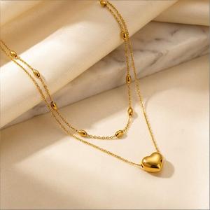 Collar <span class=keywords><strong>de</strong></span> Corazón <span class=keywords><strong>de</strong></span> Doble Capa, Chapado en Oro <span class=keywords><strong>de</strong></span> 18K, Acero Inoxidable, con Cuentas Delicadas y Colgante Apilado, Joyería para Mujer, Regalo - Product Image 2