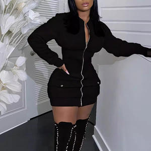 PEEQI 1147586 Зимнее Новое Стильное Женское Сексуальное Платье с Длинным Рукавом, Однотонное, на Молнии, Модное Платье для Уличной Носки - Product Image 1