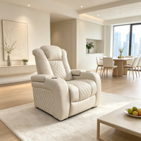 Fauteuil inclinable électrique moderne de luxe en cuir véritable avec éclairage LED, structure en bois et fonctions intelligentes pour home cinéma