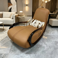Chaise longue de salon en cuir de style nordique pour balcon, avec accoudoirs en bois massif, fauteuil inclinable et balancelle pour adultes