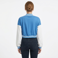 Jaket Varsity Warna Biru Putih dengan Blok Warna, Lengan Panjang, Kancing Depan, Kerah Bulat, Panjang Pendek, Pakaian Wanita untuk Musim Gugur.