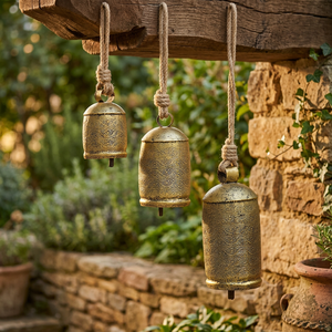 Best Price Outdoor Decor Handcrafted Set of 3 Hanging Cow Bells <b>Rustic</b> Finish Iron with Hand Carved Work - Product Image 1