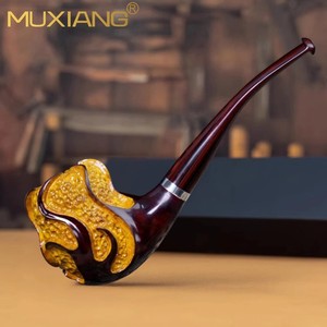 Muxiang Briar Tobacco Pipe Dark Red Engraved Silver Ring Free Form Men's Smoking Pipe - Product Image 1