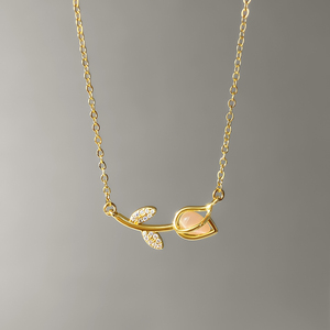 Gold Plated Tulip Flower Pendant <b>Necklace</b> Unique Design With <b>Cat</b> Eye Stone CZ Leaf Dainty Floral Chain <b>Necklace</b> for Women - Product Image 1