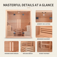 Sauna intérieur en bois PLOUTARA avec portes vitrées doubles, bancs symétriques, dossiers ergonomiques et éclairage LED au plafond