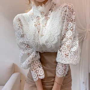 2023 Women Shirt Vintage Hollow Out Women's blouse Casual Sweet beautiful Lace Long Sleeve Stand Collar la