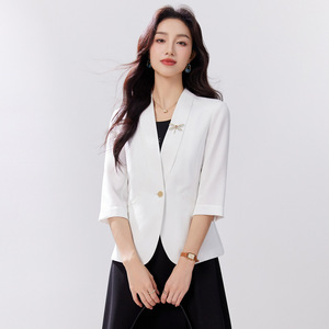 Women's White Blazer 7 3/4 Sleeve Single Button Solid Color Casual Office Wear - Product Image 1