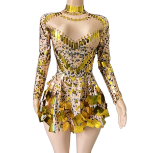 Robe de soirée mini à sequins miroir, manches longues, dos nu, col halter, costume de performance pour chanteuse danseuse - Product Image 1