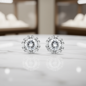 Boucles d'oreilles clous en argent 925 blanc E2778, forme fleur, sertissage griffe, bijoux classiques de mariage pour femme - Product Image 2