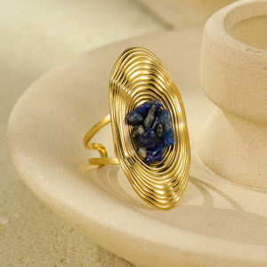 خاتم مفتوح من الحجر الطبيعي بشكل بيضاوي من NIMAI، مجوهرات ضخمة من الفولاذ المقاوم للصدأ مطلية بالذهب مقاومة للماء مع أحجار كريمة، مقاس حر - Product Image 3