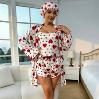 P584 Rosa-Schwarzes Herz-Print Geripptes 4-teiliges Pyjama-Set mit Duschhaube, Camisole, Shorts und Bademantel für Damen