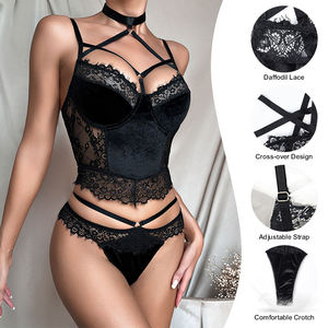Hot Women's ODM <strong>Black</strong> Nero Lace Mesh Sex Bandage Bra See Through <strong>Underwear</strong> Panties Set Sexy Woman's Lingerie - Product Image 4