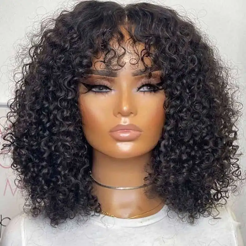 Afro Kinky Curly Wig Vendors Wholesale Bob Wigs with Bangs Brazilian High Density 100% Human Virgin Hair Wigs for Black Women
