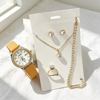 Ensemble de montres pour femmes, minimaliste, 5 pièces, combo de bijoux, montre-bracelet à quartz avec calendrier, bracelet en strass, collier, bague, boucles d'oreilles
