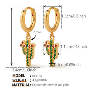 Pendientes de Aro con Diseño de Cactus y Circonitas Cúbicas en Oro de 18K para <span class=keywords><strong>Mujer</strong></span>, Lindos Pendientes de Aro con Circonitas Cúbicas Verdes y Rosas, Ideales para el Verano y las Vacaciones - Product Image 3