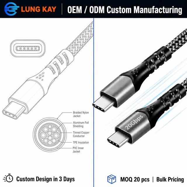 LUNG KAY USB 3.2 Gen 2x2 Type-C Cable 20Gbps 100W PD 4K Video Nylon Braided Shielded Data Cord for MacBook SSD Monitor Bulk OEM